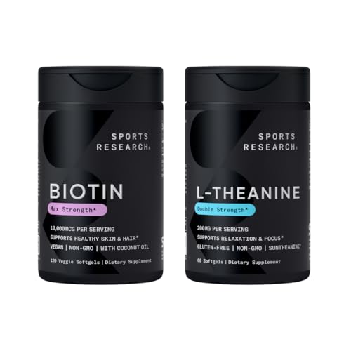 Sports Research® Vegan Biotin 10,000mcg with Coconut Oil Max Strength Vitamin B7 120 Softgels (4 Month Supply) and Double Strength L-Theanine Supplement 200mg 60 Softgels