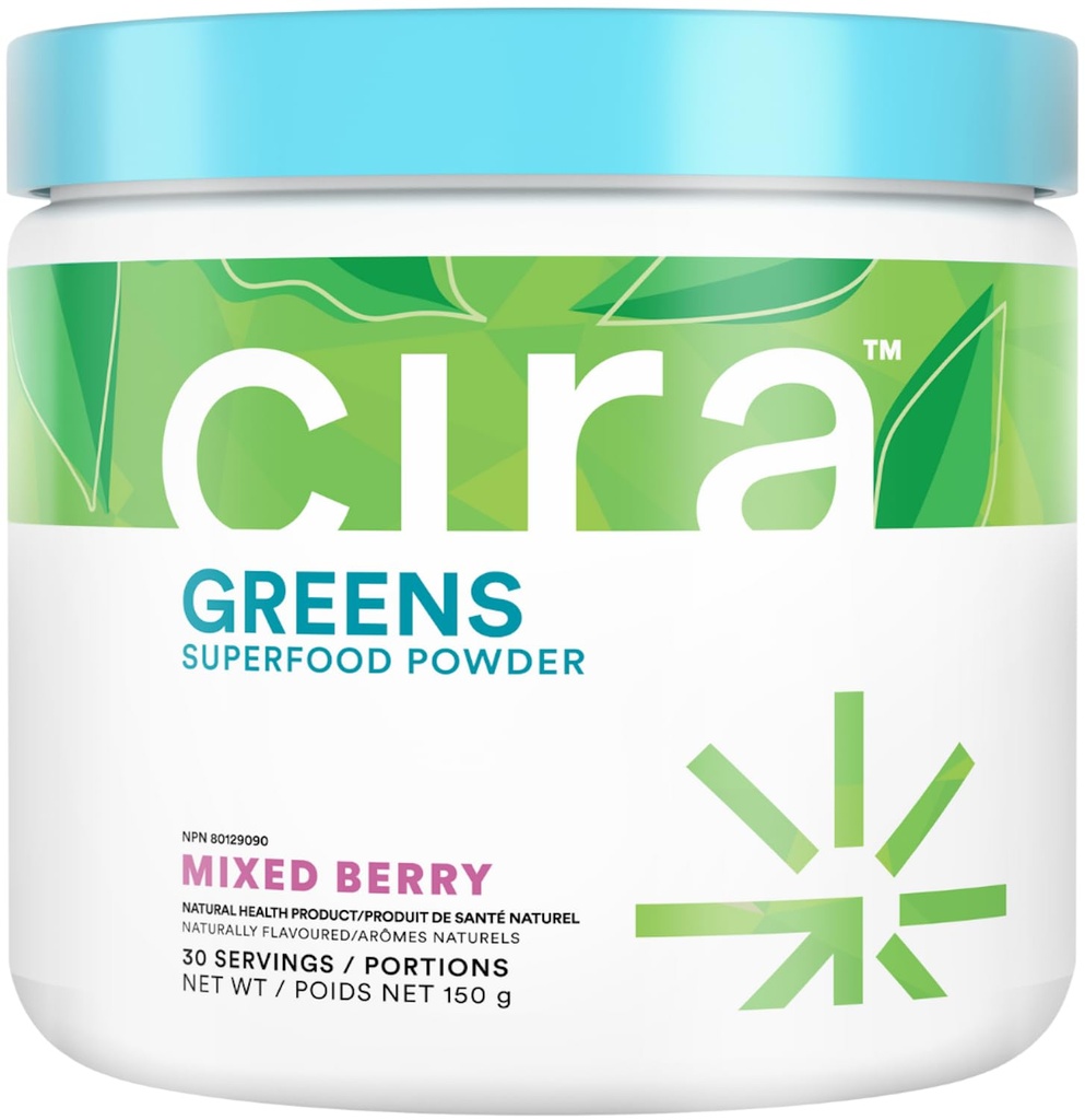 Cira Daily Greens - Naturally Sweetened, Organic Spirulina Superfood Powder with Premium, Antioxidant-Rich Ingredients for Debloating, Digestion, & Energy - Mixed Berry, 30 Servings