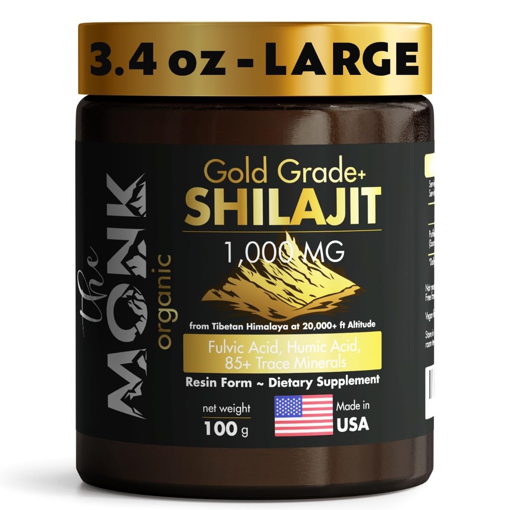 Organic Himalayan Shilajit Resin with Fulvic Acid, Humic Acid, 85+ Minerals- Gold Grade Plus - 100g, 1000 mg Per Serving - Energy, Stamina, Brain Support - Made in The USA