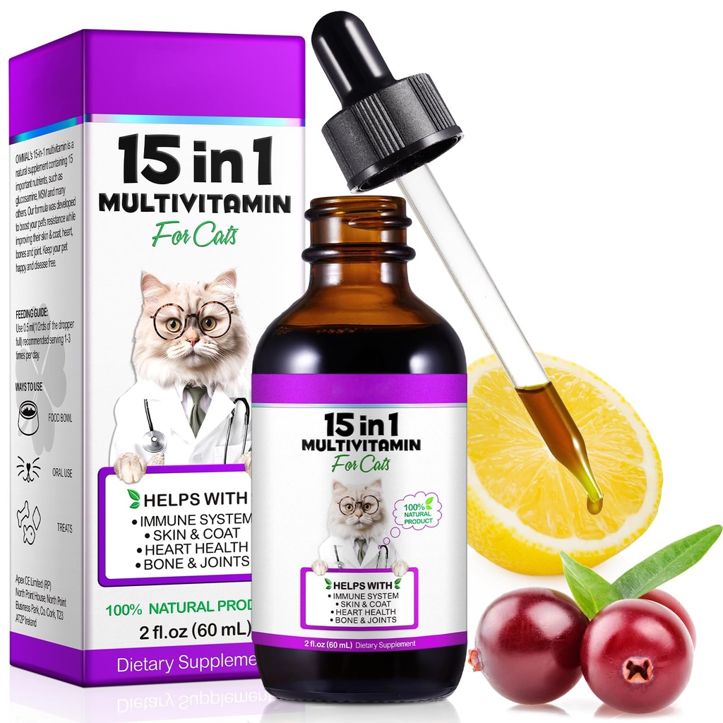 VOSIFSDIY Cat Multivitamin,15 in 1 Cat Vitamins Liquid Drops Supplements for Heart Health, Bones, Joint, Skin & Coat, Bladder, Immune System Support 60ml