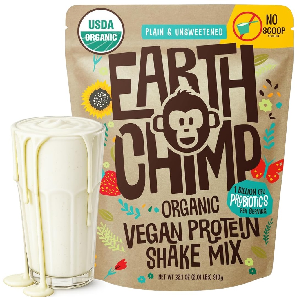 EarthChimp Organic Vegan Protein Powder - with Probiotics - Non GMO, Dairy Free, Non Whey, Plant Based Protein Powder for Women and Men, Gluten Free - 26 Servings 32 Oz (Plain & Unsweetened) No Scoop