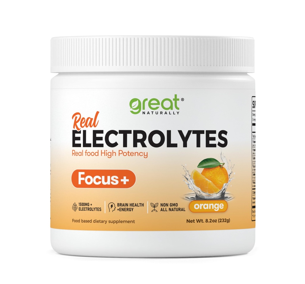Focus+ Orange Nootropic Electrolyte: Hydration & Brain Support for Cognitive Enhancement, Memory, Concentration - Citicoline, Organic Caffeine, Methyl B12 - Made in USA