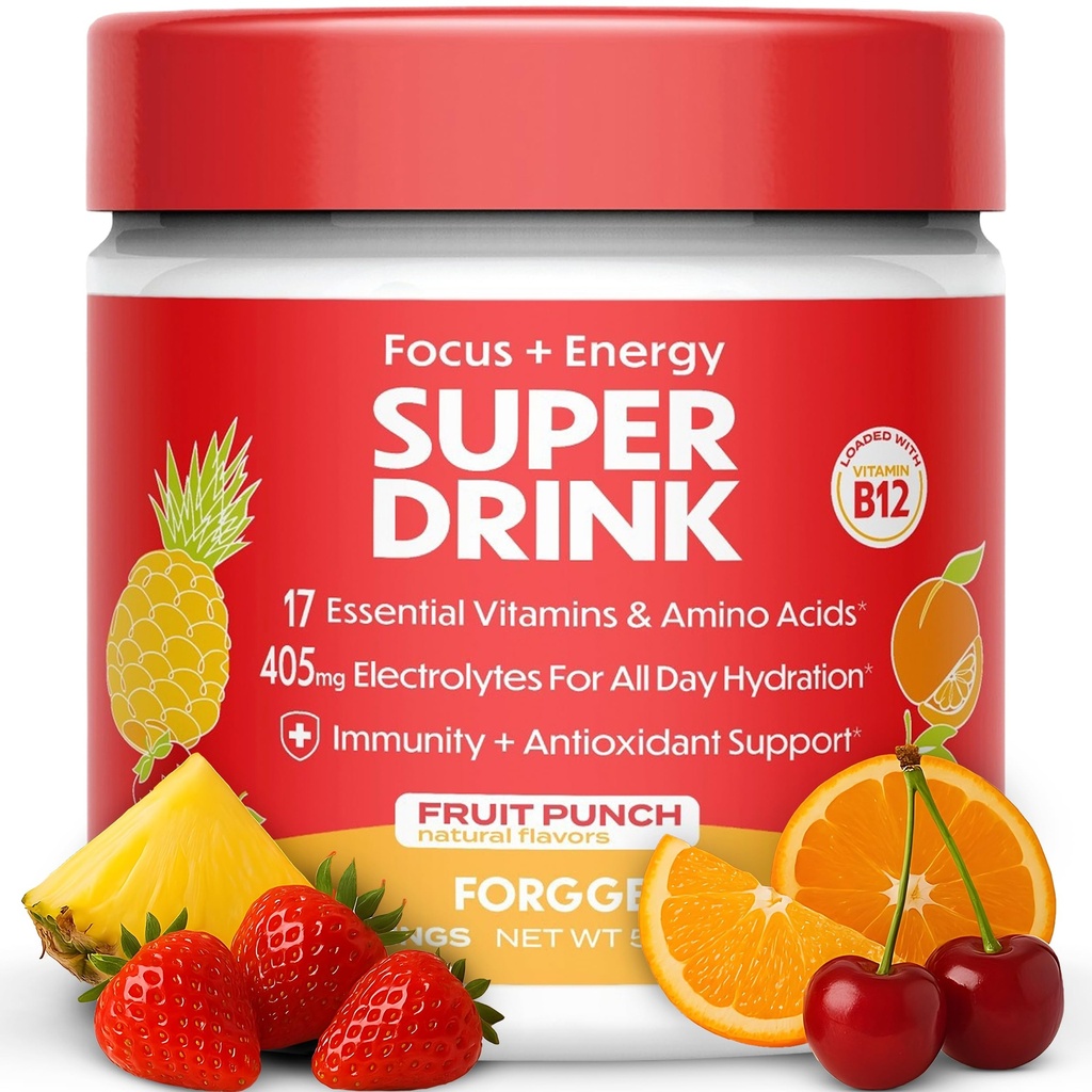 Forgge Healthy Energy Drink Powder Mix - Clean Caffeine + B12, B6, C & D Vitamins - Sugar Free Energy Drink Powder with Electrolytes, Amino Acids, Antioxidants, Lions Mane - Vegan, Keto-Friendly - 30 SVG, Fruit Punch