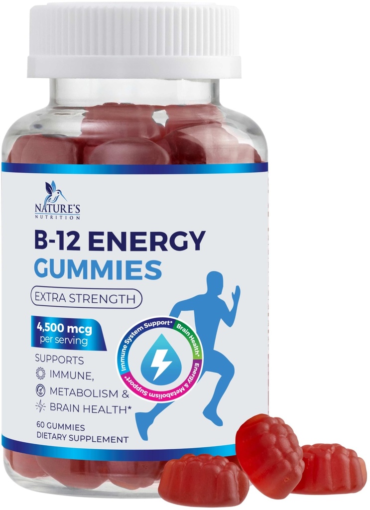 B12 Energy Gummies - 4500 mcg Vitamin B12 Per Serving - Extra Strength Chewable B12 Supplement for Energy, Metabolism & Immune Support - For Women, Men & Kids - Natural & Berry Flavored - 60 Gummies