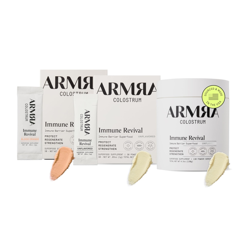 ARMRA Colostrum™ Premium Powder, Grass Fed, Gut Health Bloating Immunity Skin & Hair, Contains 400+ Bioactive Nutrients, Keto, Gluten & Fat Free (Blood Orange, Unflavored Bundle | 180 Servings)