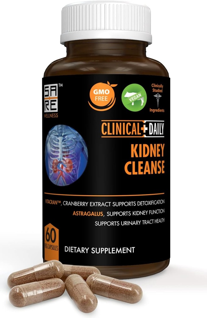 Clinical Daily Herbal Kidney Cleanse Detox Supplement, Organic Vitamins with Cranberry, Astragalus, Uva Ursi Pills for Bladder Health for Women & Men- 60 Vegan Capsules