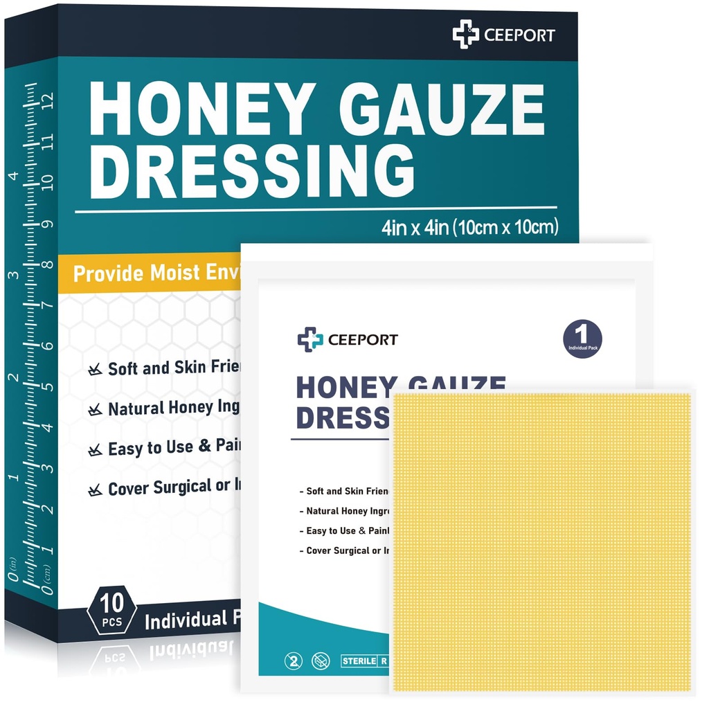 Ceeport Manuka Honey Gauze Wound Dressing, 4" x 4", 10 Individual Pack | Medical Grade Manuka Honey bandages for wounds, Bed Sore, Burns, Blisters, Minor Cuts, Non-Adherent, Sterile, Wound Care
