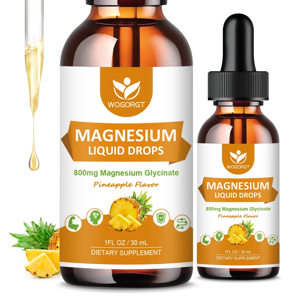 Magnesium Glycinate Liquid Drops with Citrate & Taurate - Cognition, Muscle & Focus, Liquid Magnesium Complex Supplement with Vitamin D3, GABA, L-theanine, Pineapple Flavor - 1 Fl Oz (2 Pack)