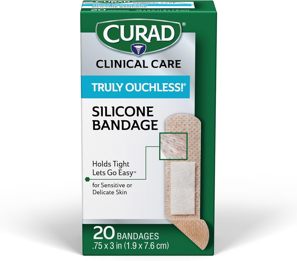 CURAD Truly Ouchless!® Silicone Bandages, .75" x 3", For Sensitive or Delicate Skin, Flexible Fabric, Protects Scrapes, Cuts & Burns, 20 Count