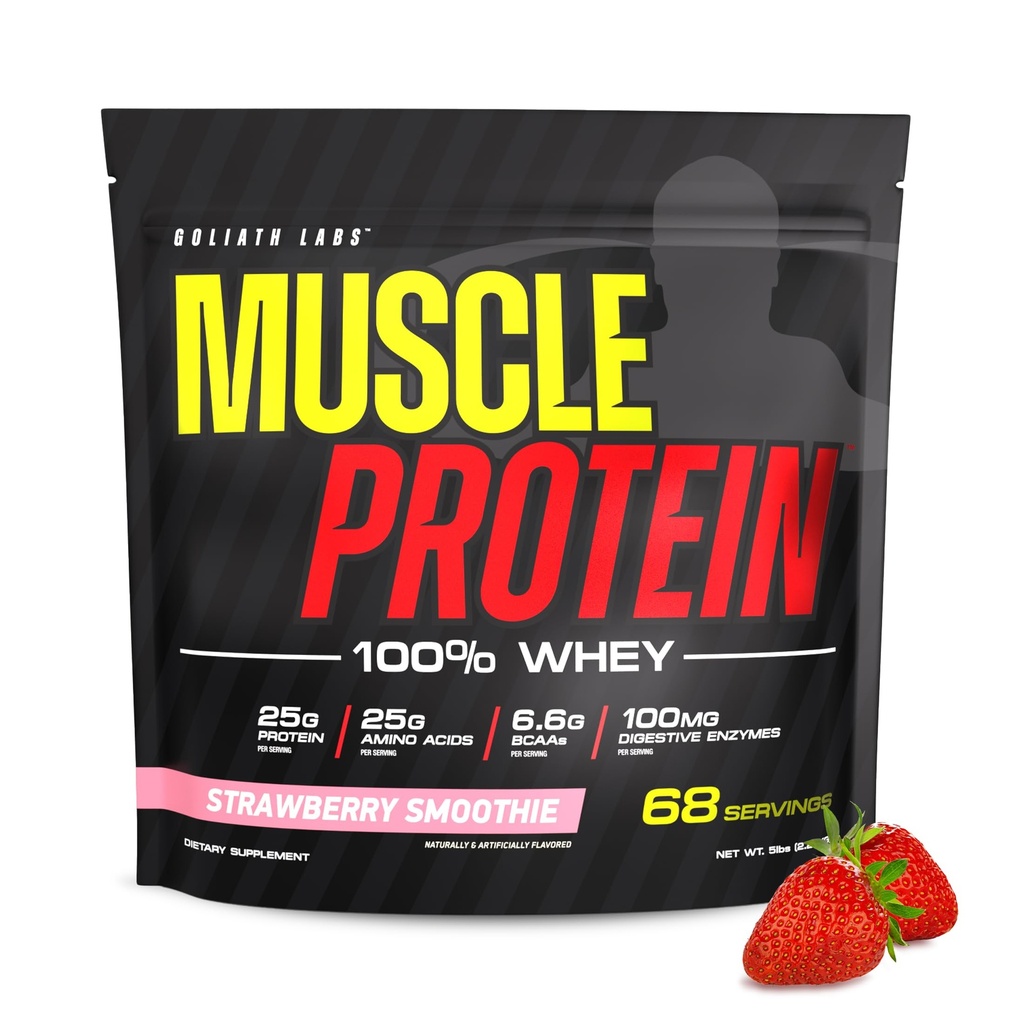COLOSSAL LABS Muscle Protein Whey Powder [5 lbs/Pack of 1]– Cold Filtered, 25g Pure Protein, 6.6g BCAAs (Packaging May Vary) (5LB, Strawberry)