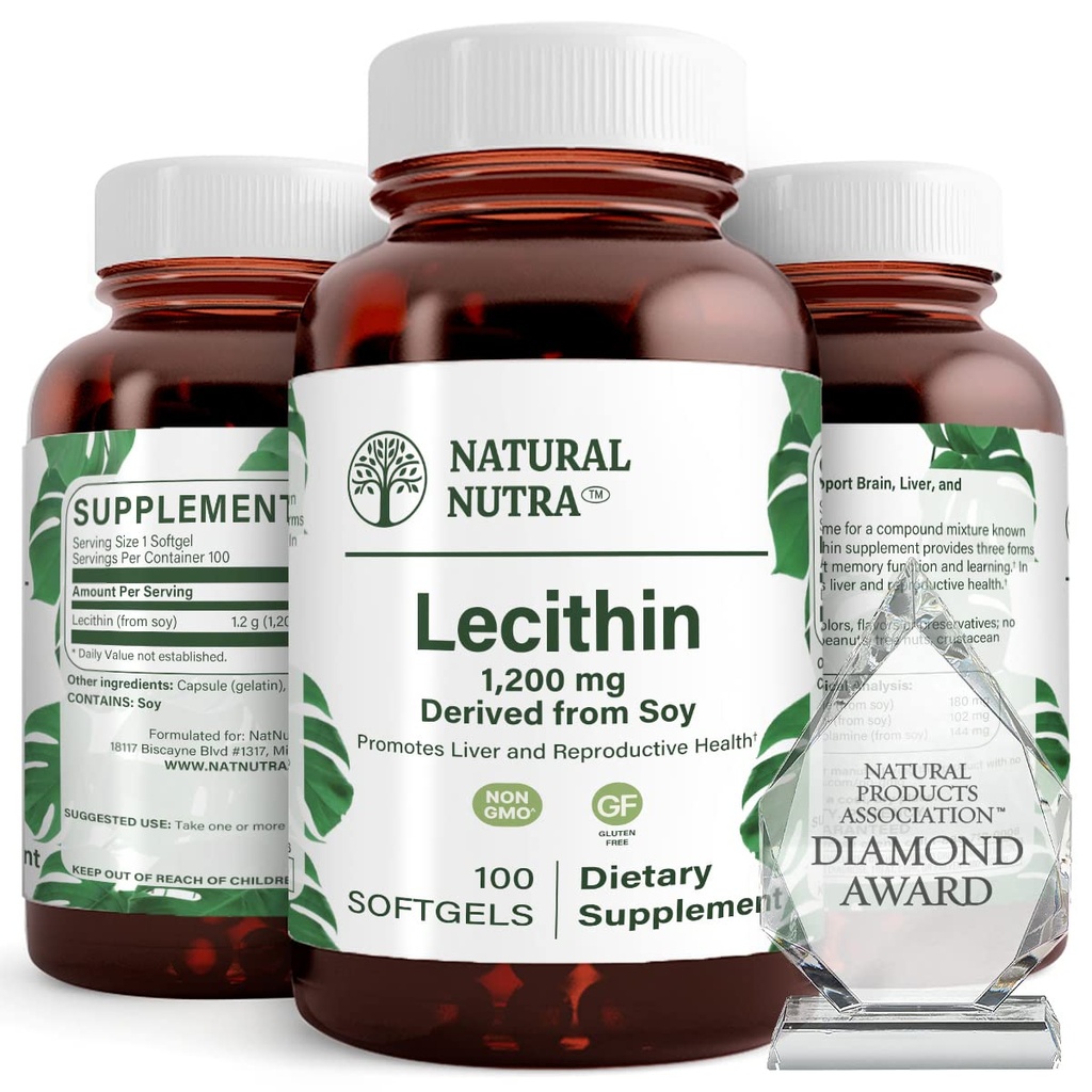 Natural Nutra Soy Lecithin 1200 mg Dietary Supplement - Brain Function, Liver Health, Hepls Breast Health, Memory Boosting Supplement - Gluten-Free, BPA-Free, 100 Softgels in Recyclable Glass Bottles