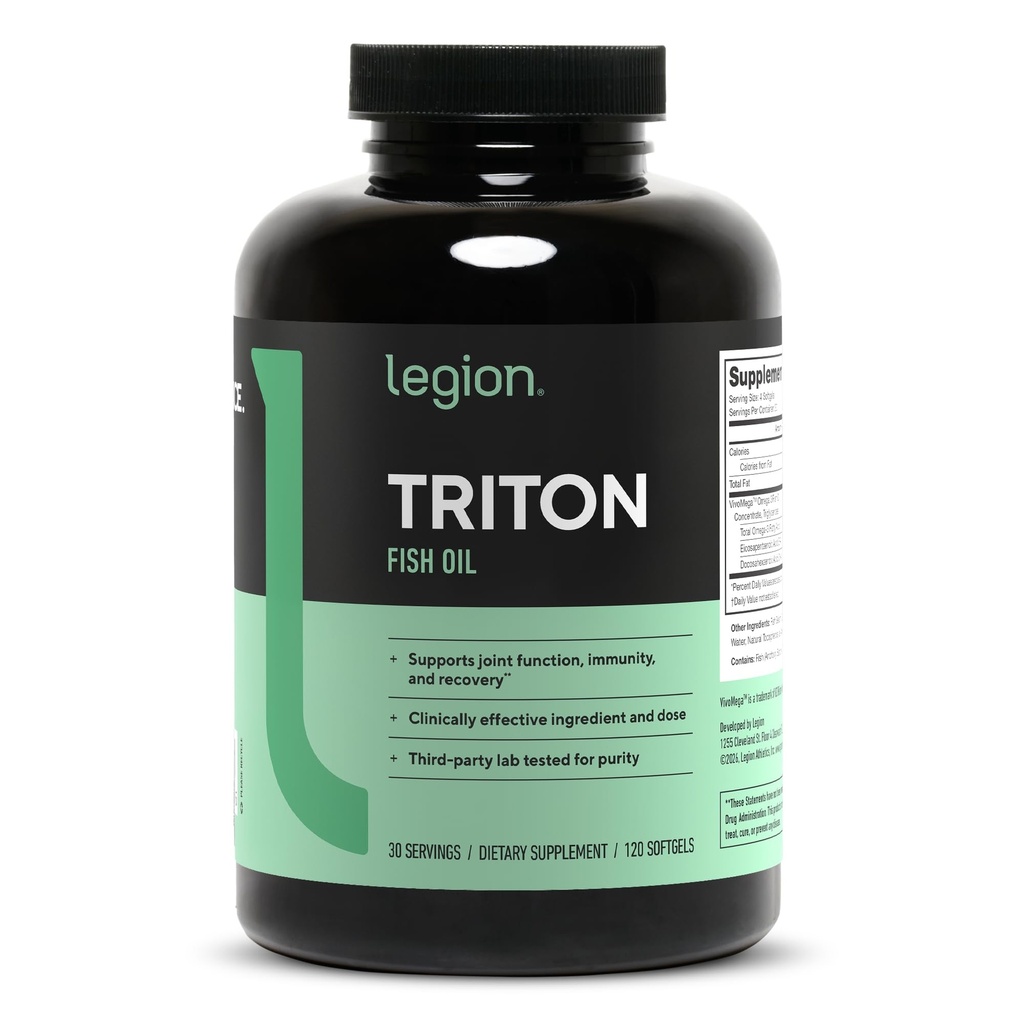 LEGION Triton Fish Oil Capsules - Triple Strength Omega 3 Essential Fatty Acids with Vitamin E & Lemon Oil for Maximum Absorption, Freshness & Purity - 2400mg EPA & DHA Per Serving, 30 Svgs