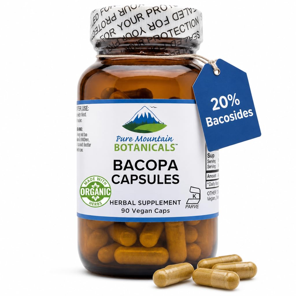 Pure Mountain Botanicals Bacopa Monnieri Capsules - 90 Count - Organic Bacopa and Potent Extract - 20% Bacosides - Vegan Brahmi Supplement