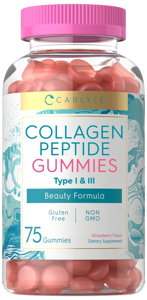 Carlyle Collagen Gummies | Strawberry Flavor Beauty Supplement | Collagen Peptides for Women & Men | Type 1 & 3 | Non-GMO, Gluten Free