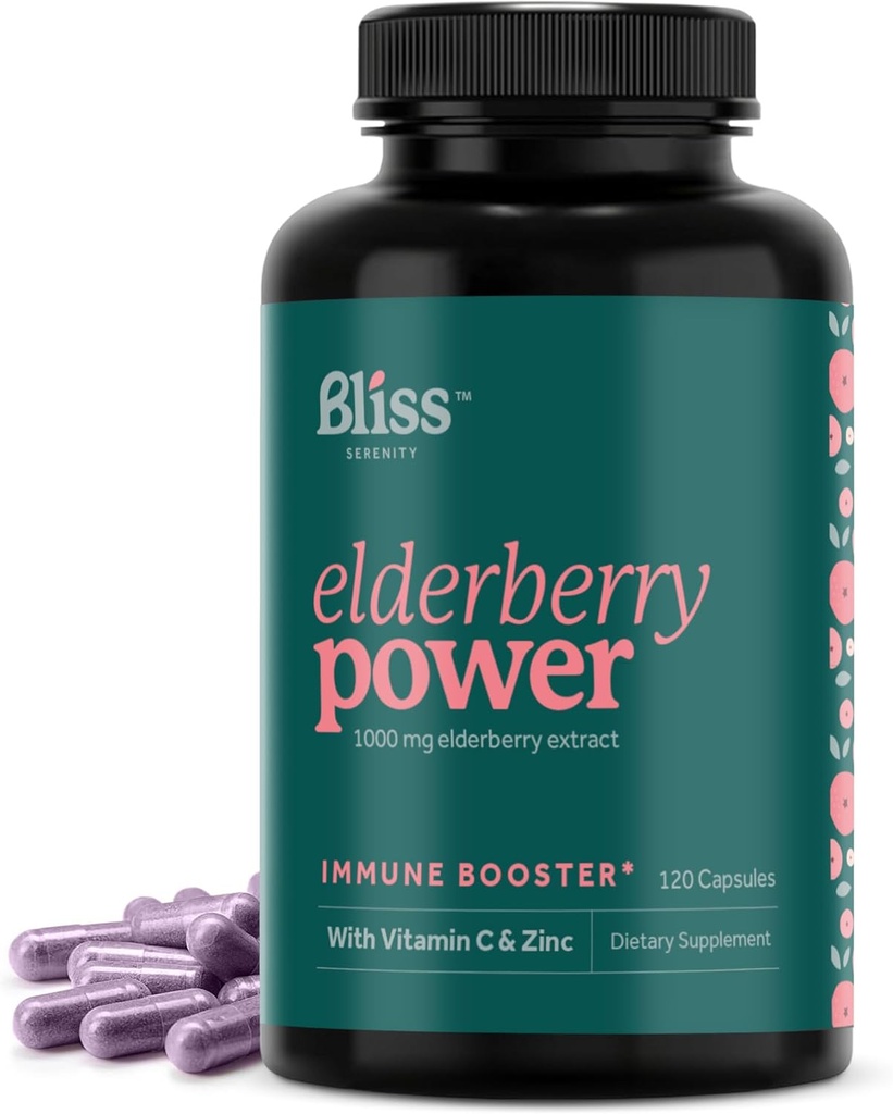 Elderberry with Zinc and Vitamin C for Adults - Sambucus Elderberry Capsules - 1000 mg Extract, Immune Support Supplement for Women and Men, with Antioxidant Fruit Blend, 120 Vegcaps, 60 Day Supply