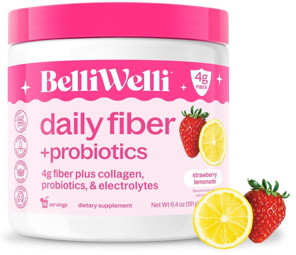 Belli Welli Fiber Supplement Powder with Prebiotics for Digestive Health and GLP-1 Support, Soluble Fiber for Gut Health & Debloat, Keto, Gluten Free, 16 Servings (1 Pack) Strawberry Lemonade