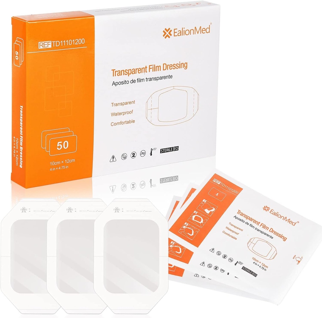 EalionMed Transparent Dressing, Wound Bandage, Adhesive Patch, 4'' x 4.75'', 50 Pack, Clear, Breathable, Comfortable, Shower Shield, Tattoo Bandage
