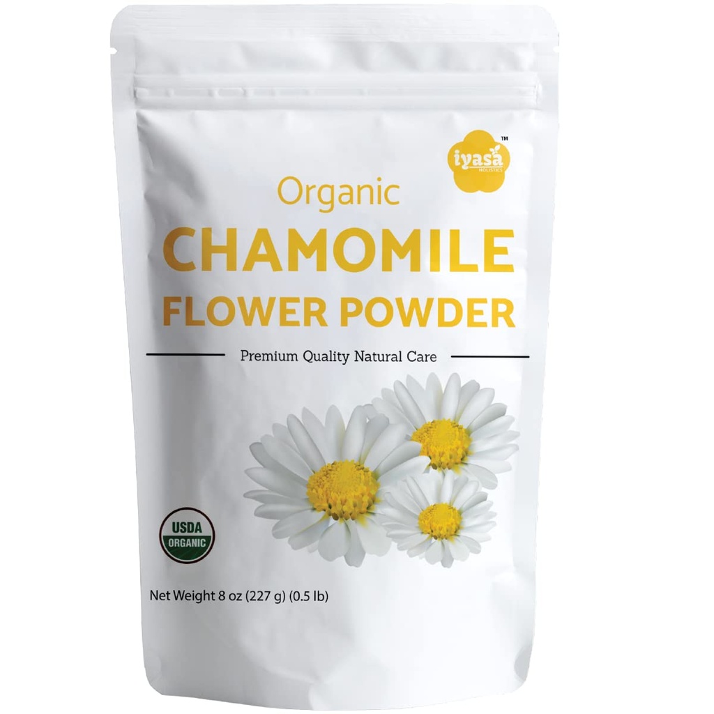 Iyasa Holistics Organic Chamomile Flowers Powder 8oz - Chamomile Tea Organic Food Grade - Baking, Cooking & Cold Drinks - DIY Face Masks, Skin & Hair Care - USDA Organic Powder