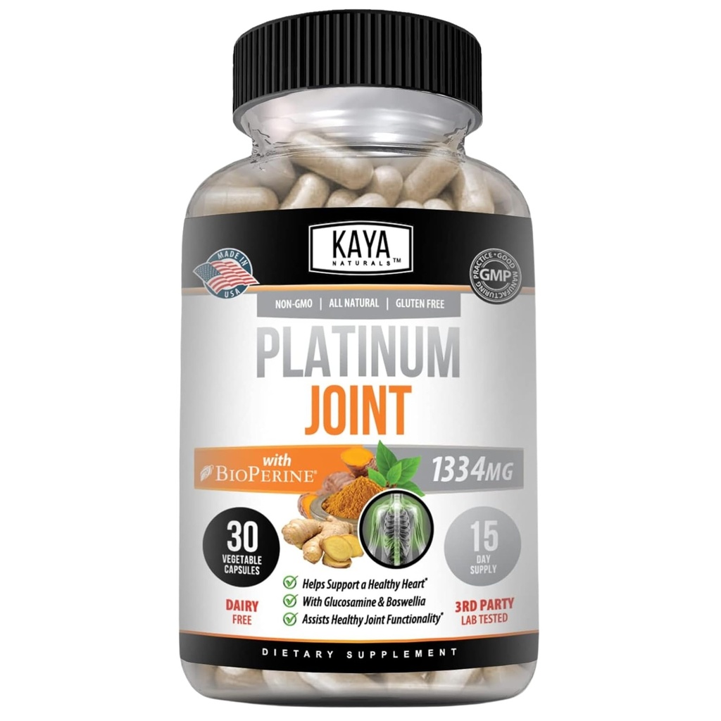 Kaya Naturals Platinum Mobility Turmeric - Bioperine, Glucosamine, Turmeric with Boswellia, Healthy Natural Mobility Support, Turmeric Curcumin 1334mg - 30 Capsules