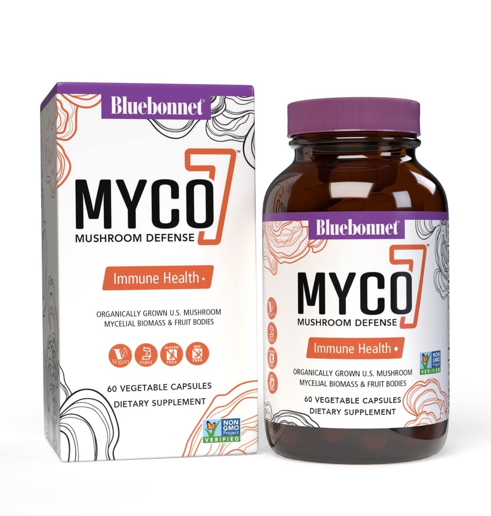 BlueBonnet Nutrition Myco-7 Mushroom Defense – 7 Organically Grown U.S. Whole, Full-Cycle Mushrooms – for Immune & Wellness - Soy-Free, Gluten-Free, Non-GMO, Kosher, and Vegan – 60 Vegetable Capsules
