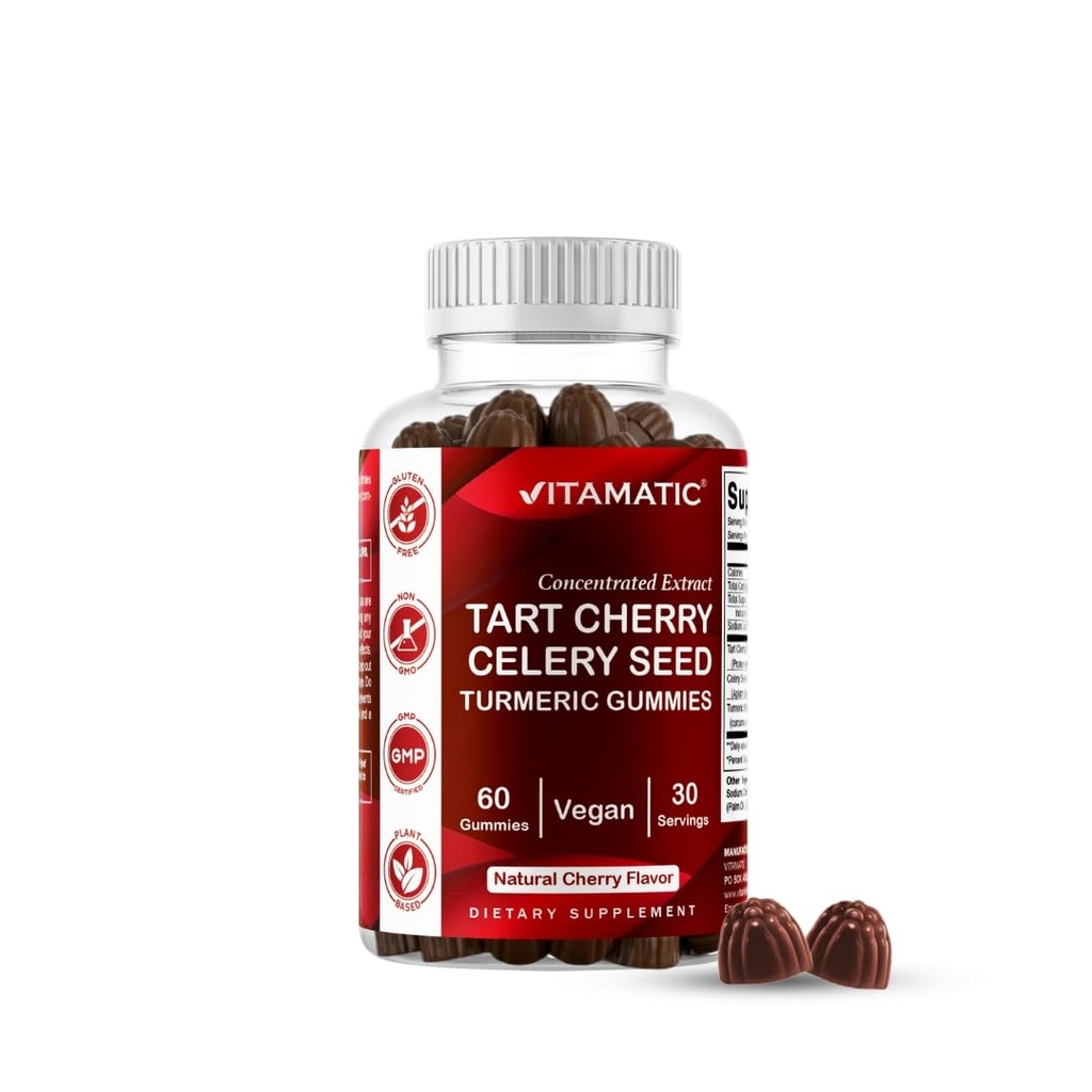 Vitamatic Tart Cherry 360 mg & Celery Seed 30 mg Extract Gummies – Botanical Herbal Supplement – Vegan, Non-GMO, Gluten Free – 60 Gummies