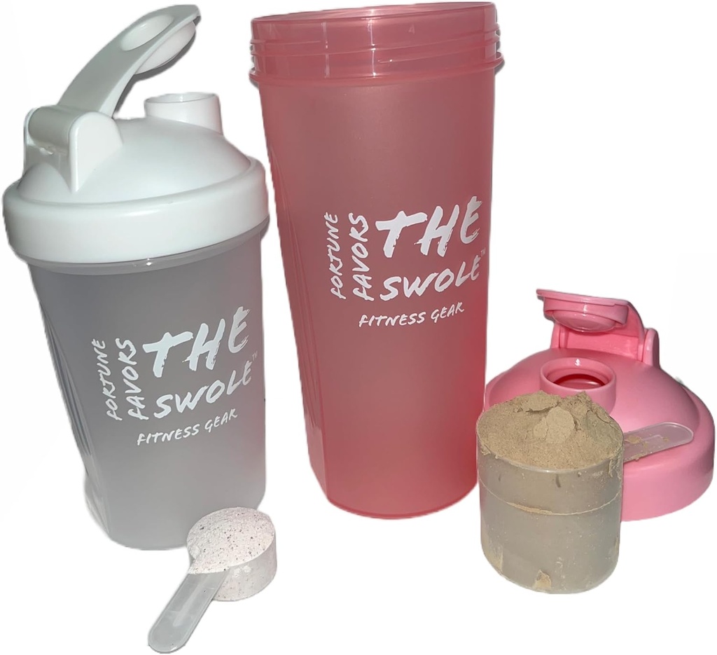 Shaker Bottle [2 pack] for Protein Shakes, pre-workout, and post-workout. One 24-ounce/one 14-ounce. Assorted colors. (Pink/Clear)