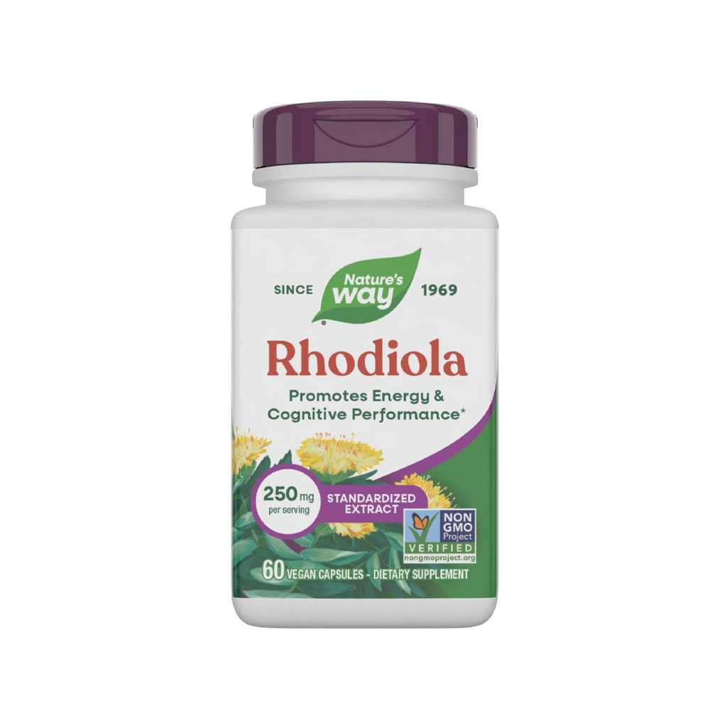 Nature's Way Rhodiola Premium Extract, 250 mg per Serving, Supports Energy & Cognitive Performance*, Adaptogenic Herb*, Non-GMO Project Verified, Vegan, Gluten Free, 60 Capsules (Packaging May Vary)