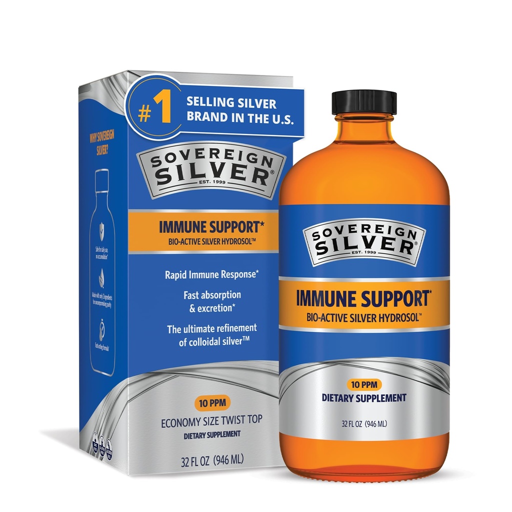 Sovereign Silver Immune Support - Colloidal Silver, Bio-Active Silver Hydrosol, 10 ppm, Liquid Twist Top, 32 Fl Oz, (946 mL)