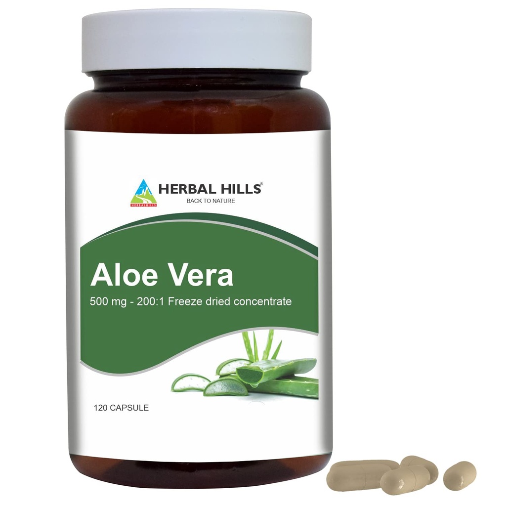 HERBAL HILLS Aloe Vera Capsules (Aloe barbadensis) | 120 Capsules (500 mg) | Pure Aloe Freeze Dried Powder Supplement, High Concentration, Supports Overall Well-Being