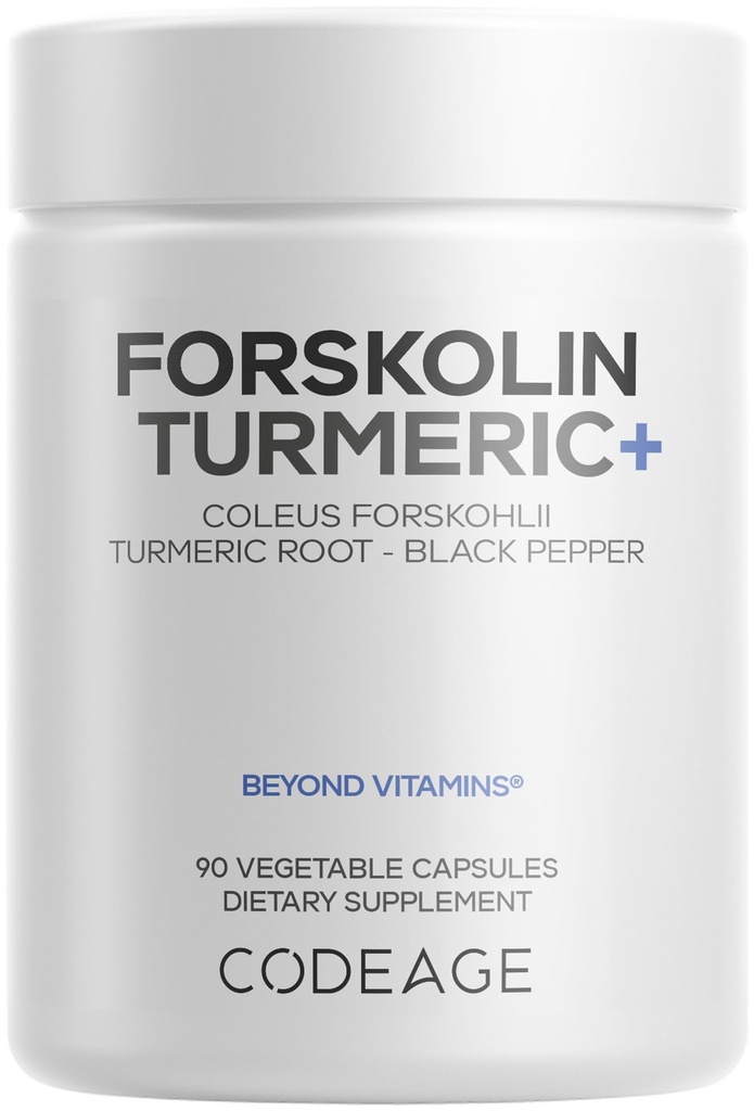Codeage Forskolin, Pure Forskolin Coleus + Organic Turmeric Root Powder, 95% Curcuminoids + Bioperine Black Pepper - 20% Standardized Coleus Forskohlii Supplement - Non-GMO - 90 Capsules