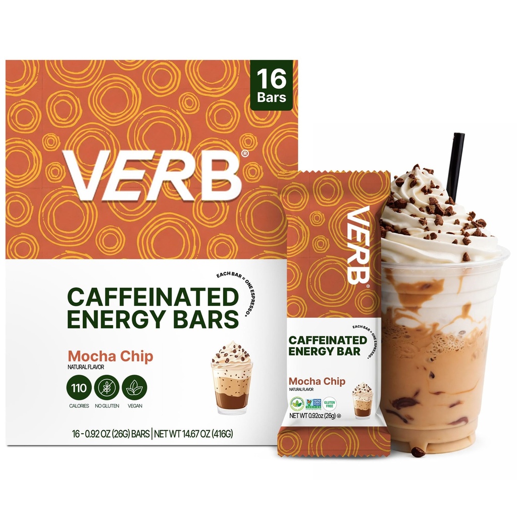 Verb Caffeinated Energy Bars Mocha Chip (26g, Pack of 16) 110 Calories | Delicious, Vegan, Gluten Free, Low Sugar, On-the Go Energy Bar Snack with 80mg Green Tea Caffeine, Only Real-Food Ingredients