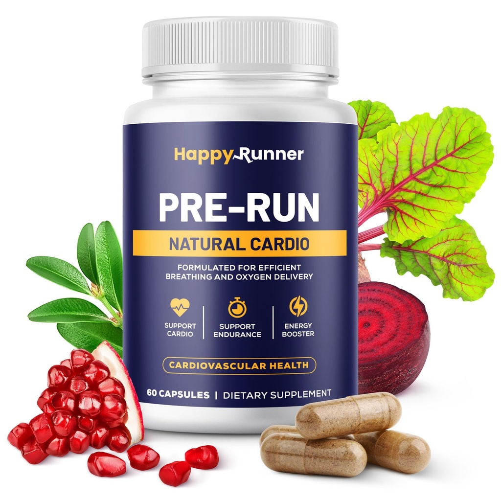 Happy Runner: Pre-Run - Enhances Breathing, Improved Oxygen Delivery, Respiratory Efficiency, Boosts Endurance, Nitric Oxide Booster, Improved Blood Flow, Running Supplements, Cardiovascular Health