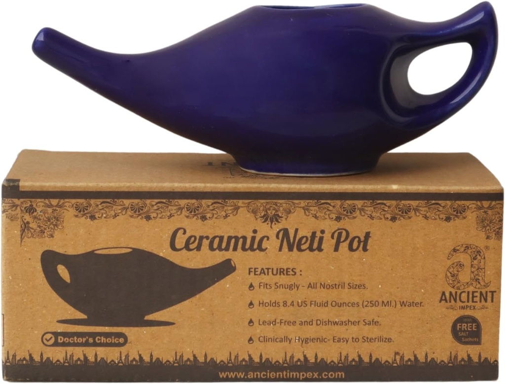 ANCIENT IMPEX Ceramic Neti Pot 250 Ml (Violet) with 5 Sachets Neti Salt | Natural Remedy for Nasal Wash, Sinus Relief & Nasal Hygiene | Ayurveda Nasal Irrigation Pot