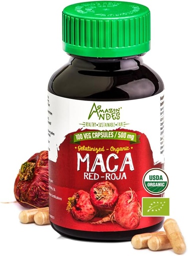   Andes Red maca Root Capsules - Female Health Supplement - Natural Energizer - USDA NOP Certified - Genitalized, Non GMO & Gluten Free - 100 Vegan Pills (1500mg per Serving) - Made in Peru