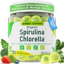 Organic Spirulina Chlorella Gummies + Super Greens, High in Vegan Protein & Chlorophyll, Green Algae + Broccoli，Moringa, Spinach, C, D3, Zinc, B12 for Energy, Gut, Immune, Antioxidant, No Sugar, 60Cts