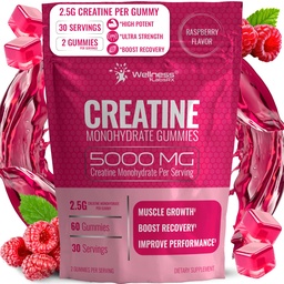 Creatine Gummies 5000mg, 30 Servings Creatine Monohydrate Gummies - Third-Party Tested Creatine for Women, Raspberry Flavor Creatine for Men, Muscle Growth, Strength, and Recovery - Pack of 1