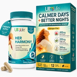 UltaLife Her Harmony Menopause Supplements for Women - Hot Flashes Menopause Relief & Hormone Balance for Women - Contains Black Cohosh, Dong Quai, Red Clover & More - Estrogen Free - 120 Capsules